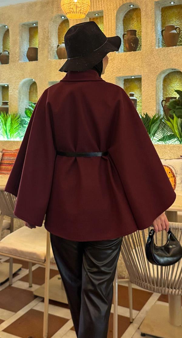 Removable Belt Button Detailed Hijab Cashmere Poncho Burgundy
