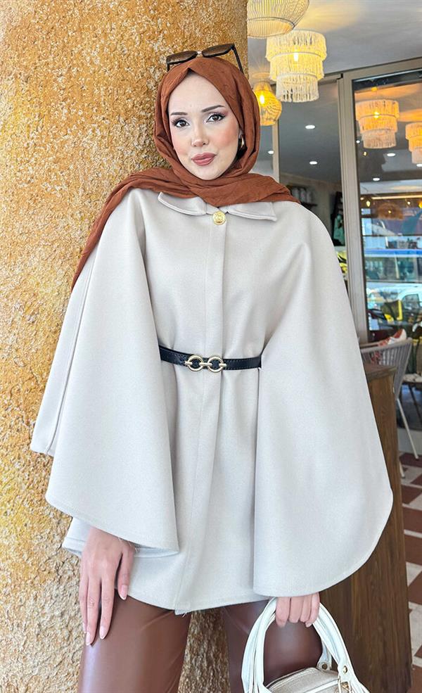 Removable Belted Button Detailed Hijab Poncho Beige