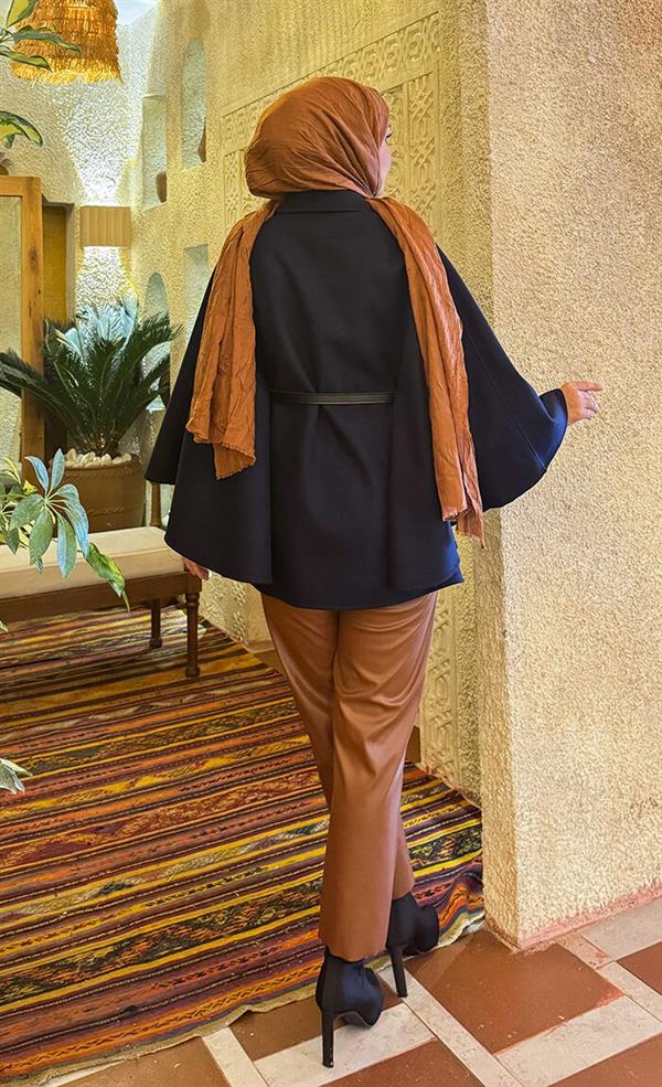 Removable Belted Button Detailed Hijab Poncho Navy Blue