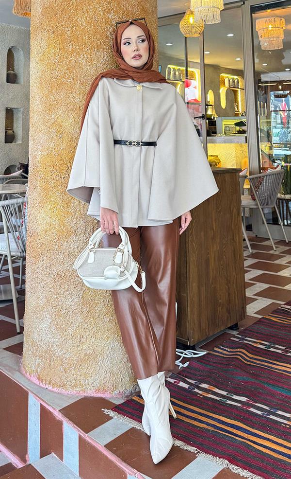 Removable Belted Button Detailed Hijab Poncho Beige