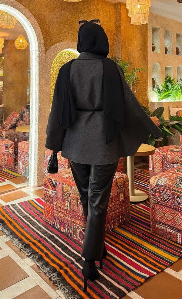 Removable Belted Button Detailed Hijab Poncho in Smoke Color
