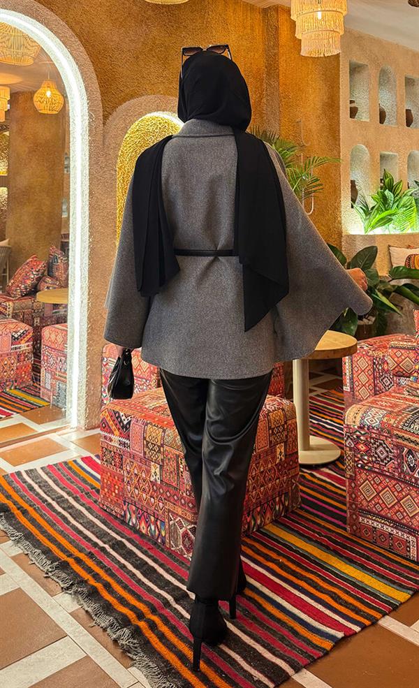 Removable Belted Button Detailed Hijab Poncho Gray