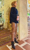 Removable Belted Button Detailed Hijab Poncho Navy Blue
