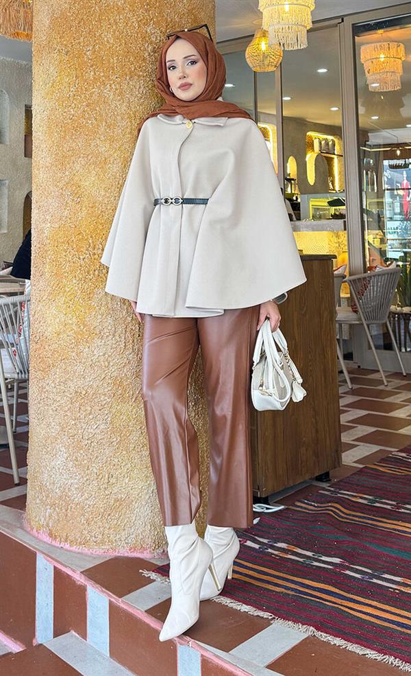 Removable Belted Button Detailed Hijab Poncho Beige