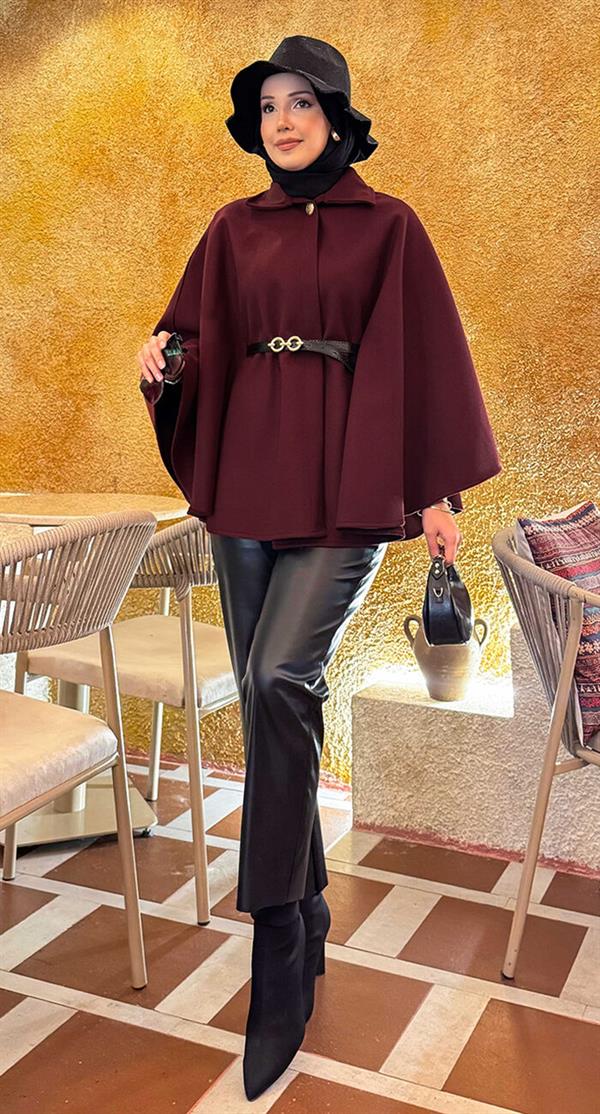 Removable Belt Button Detailed Hijab Cashmere Poncho Burgundy
