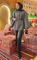 Removable Belted Button Detailed Hijab Poncho Gray