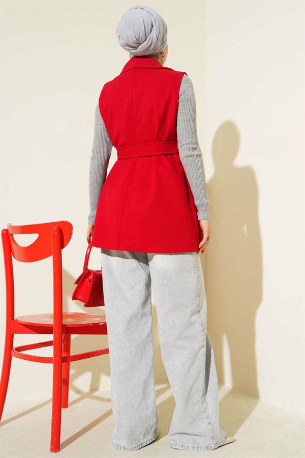Zero Sleeve Belted Cashmere Vest Red