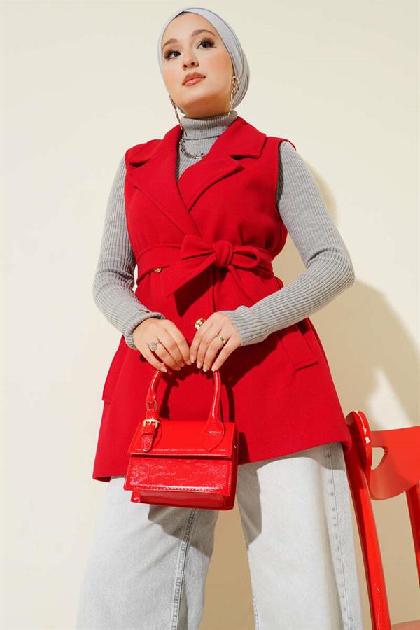 Zero Sleeve Belted Cashmere Vest Red
