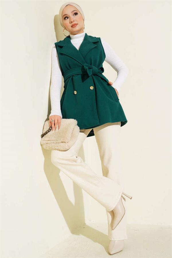 Zero Sleeve Belted Cashmere Vest Emerald