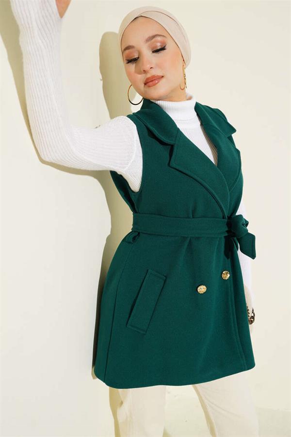 Zero Sleeve Belted Cashmere Vest Emerald