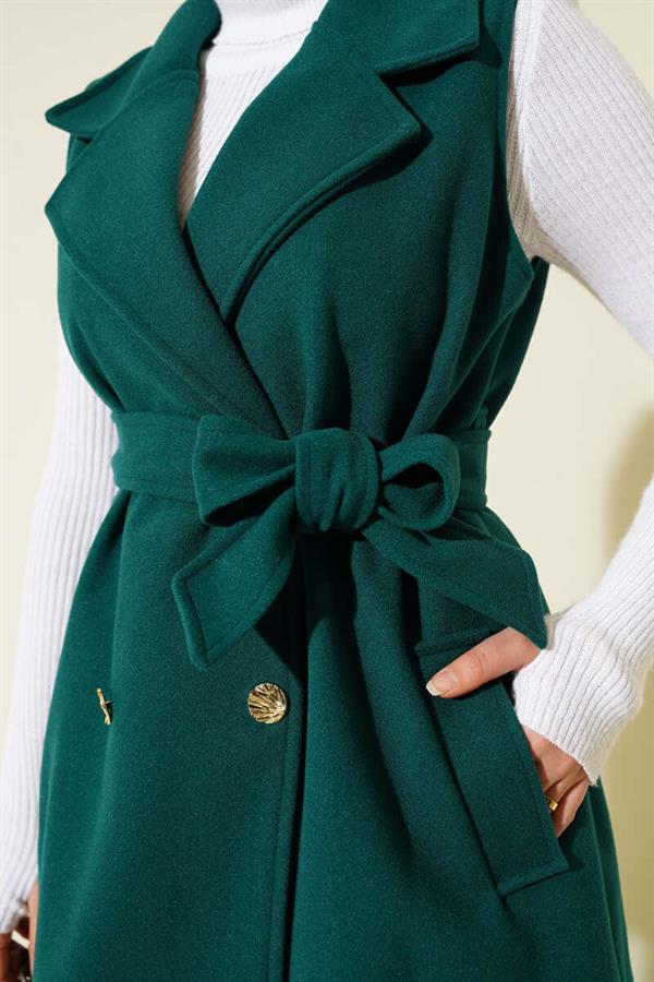 Zero Sleeve Belted Cashmere Vest Emerald