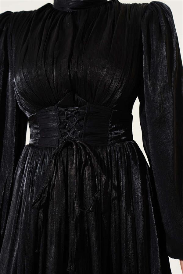 Chiffon Pleated Evening Dress with Rope Tie, Black