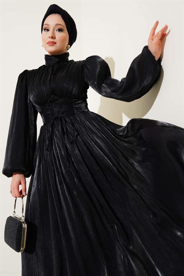 Chiffon Pleated Evening Dress with Rope Tie, Black