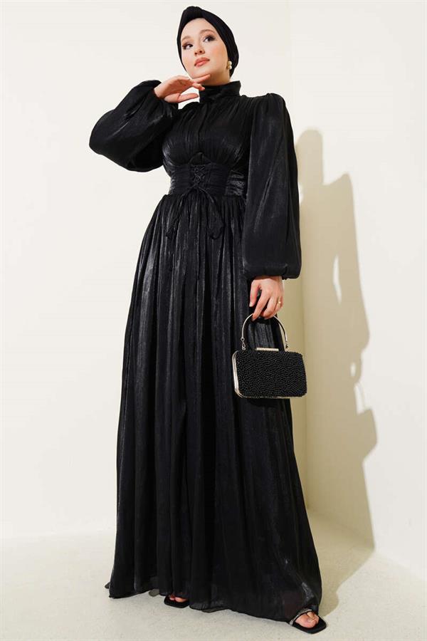 Chiffon Pleated Evening Dress with Rope Tie, Black