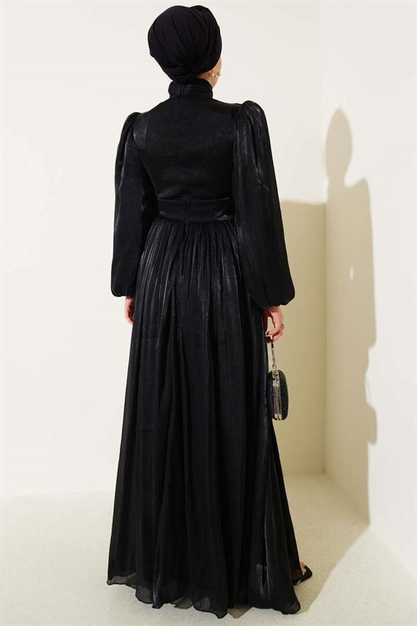 Chiffon Pleated Evening Dress with Rope Tie, Black