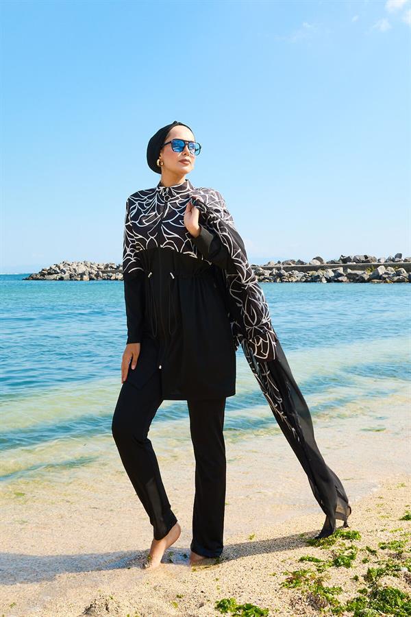 Chiffon Pareo Adjustable Waist Burkini Swimsuit -183