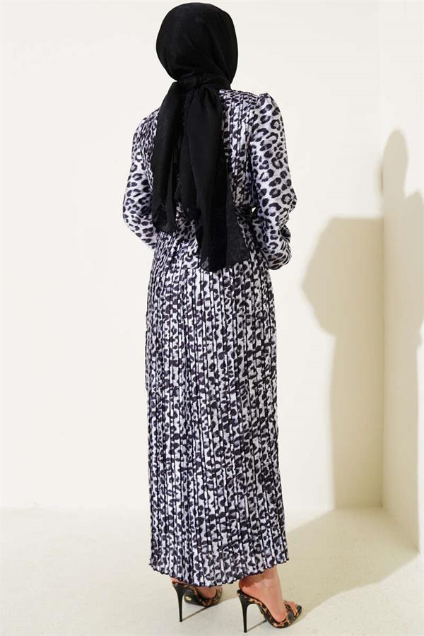 Pleated Leopard Pattern Satin Dress Gray