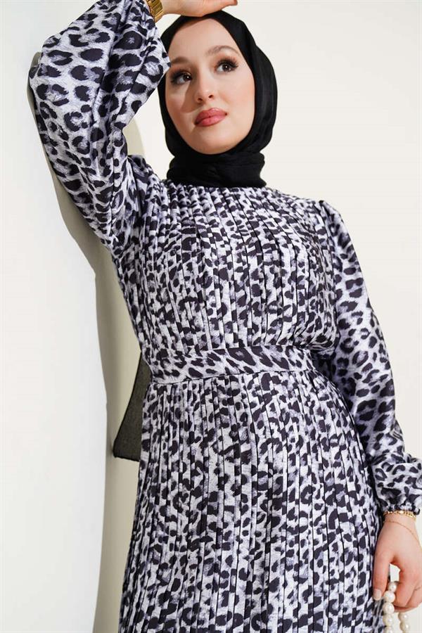 Pleated Leopard Pattern Satin Dress Gray