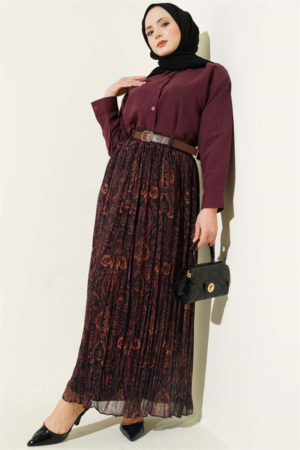 Tightly Pleated Retro Pattern Flared Skirt in Brown