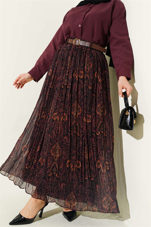 Tightly Pleated Retro Pattern Flared Skirt in Brown