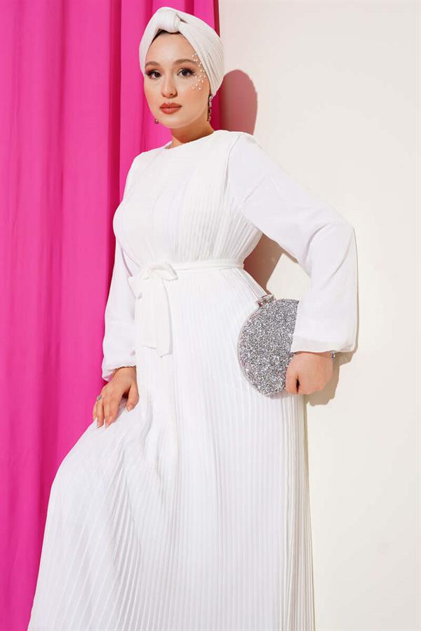 Pleated Chiffon Dress White