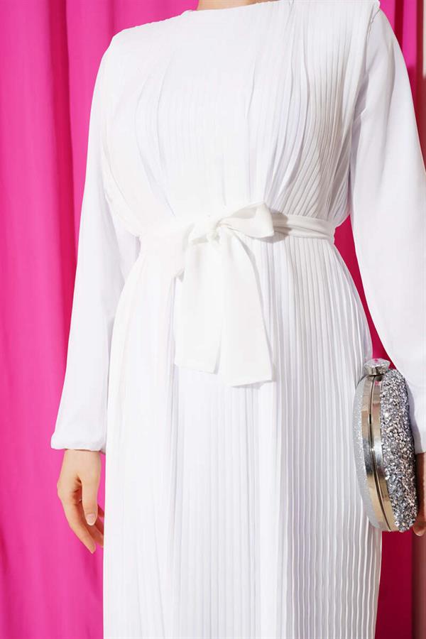 Pleated Chiffon Dress White