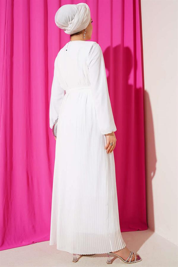 Pleated Chiffon Dress White