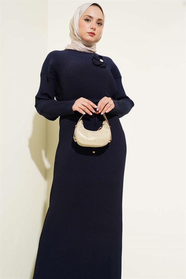 Pleated Waist Belted Dress Navy Blue
