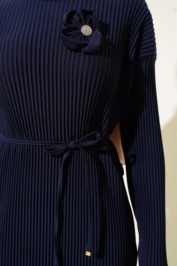 Pleated Waist Belted Dress Navy Blue
