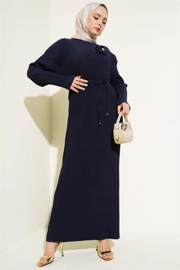 Pleated Waist Belted Dress Navy Blue