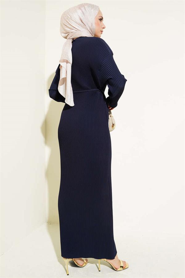 Pleated Waist Belted Dress Navy Blue