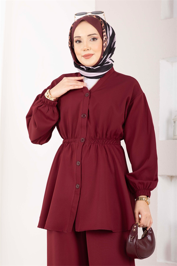 Silva Gathered Waist Tunic 2 Piece Set in Burgundy