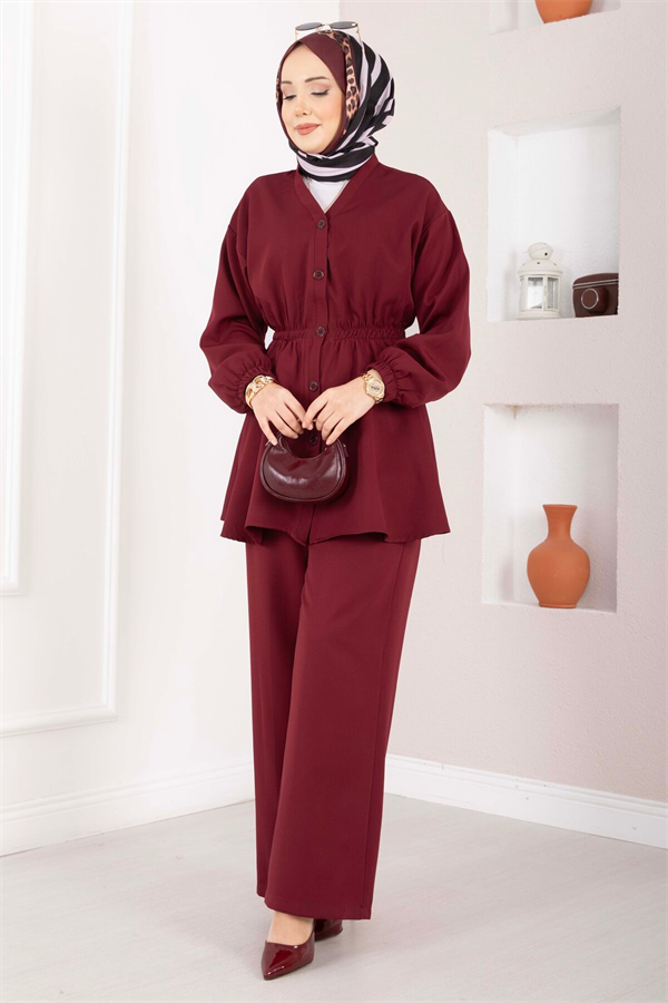 Silva Gathered Waist Tunic 2 Piece Set in Burgundy