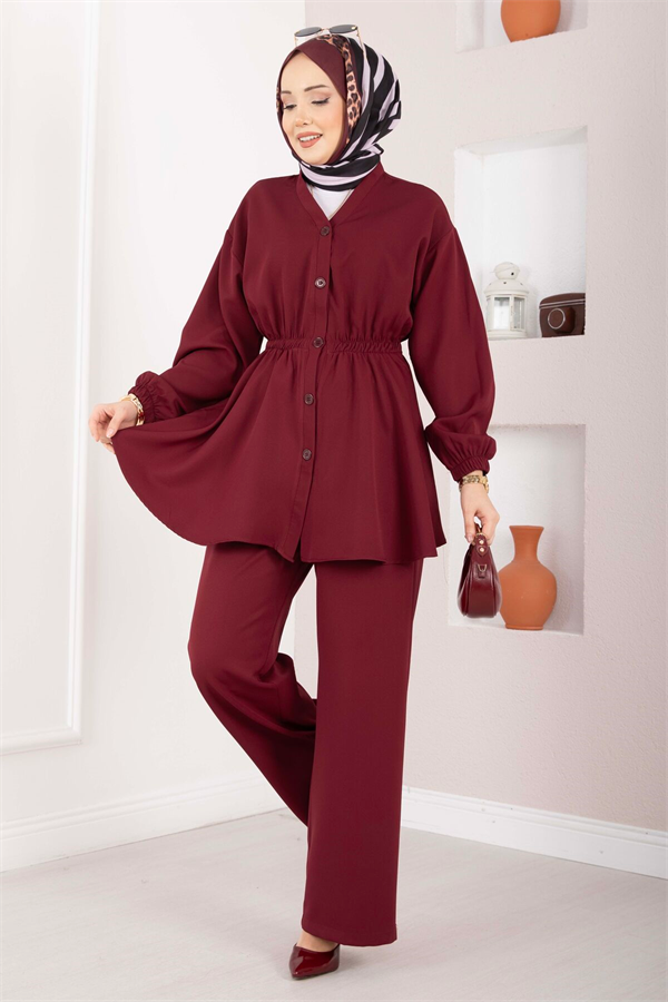 Silva Gathered Waist Tunic 2 Piece Set in Burgundy
