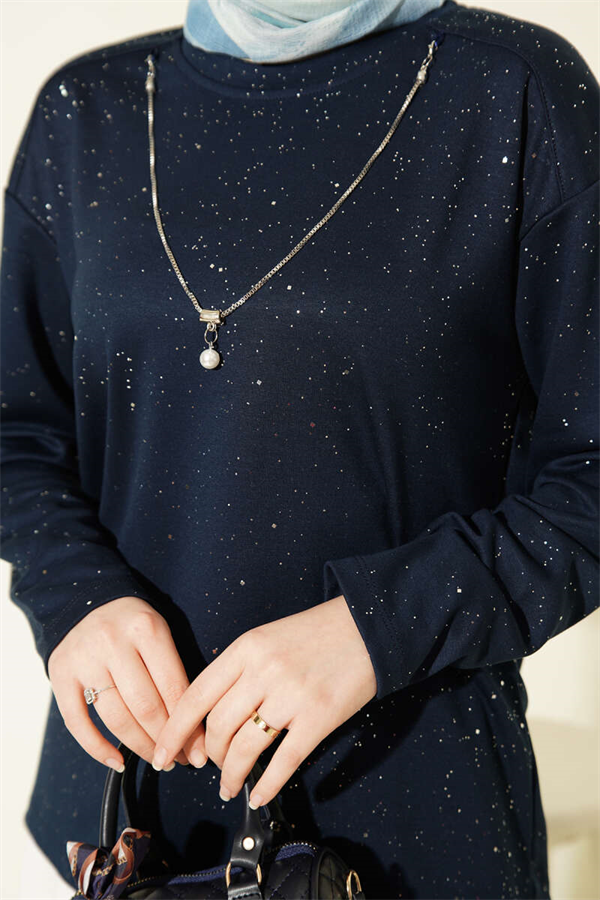 Loisha Blouse with Glitter Details, Navy Blue
