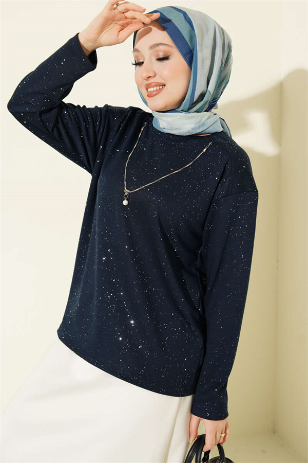Loisha Blouse with Glitter Details, Navy Blue