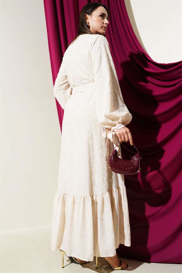 Glitter Bearded Ankle-Length Dress Beige