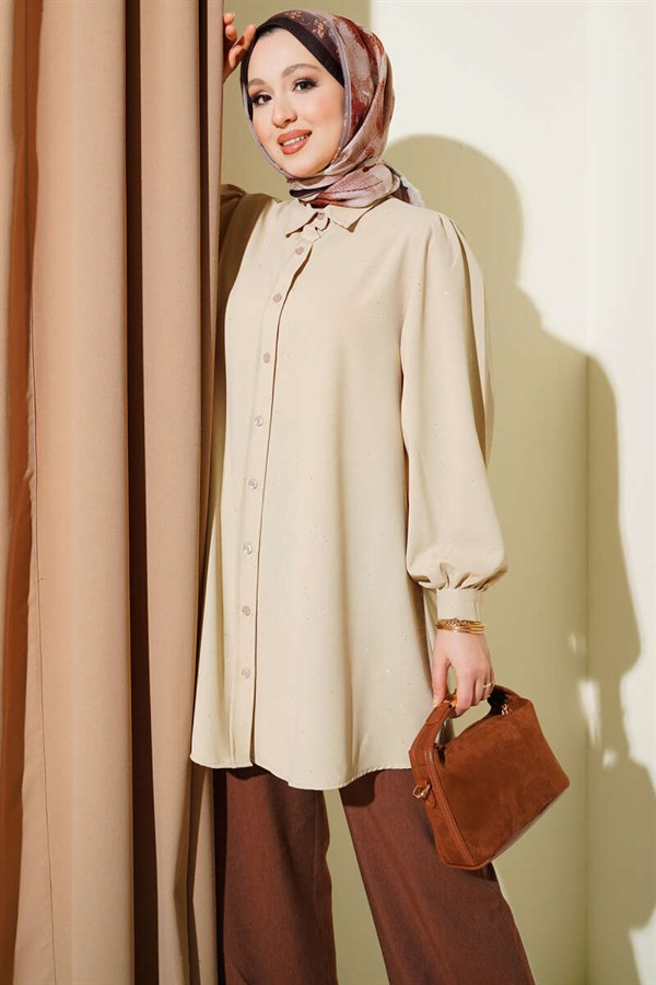Glittery Balloon Sleeve Shirt Beige