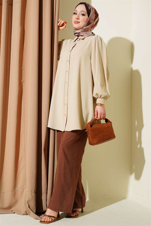 Glittery Balloon Sleeve Shirt Beige