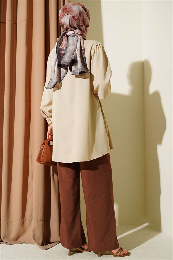 Glittery Balloon Sleeve Shirt Beige