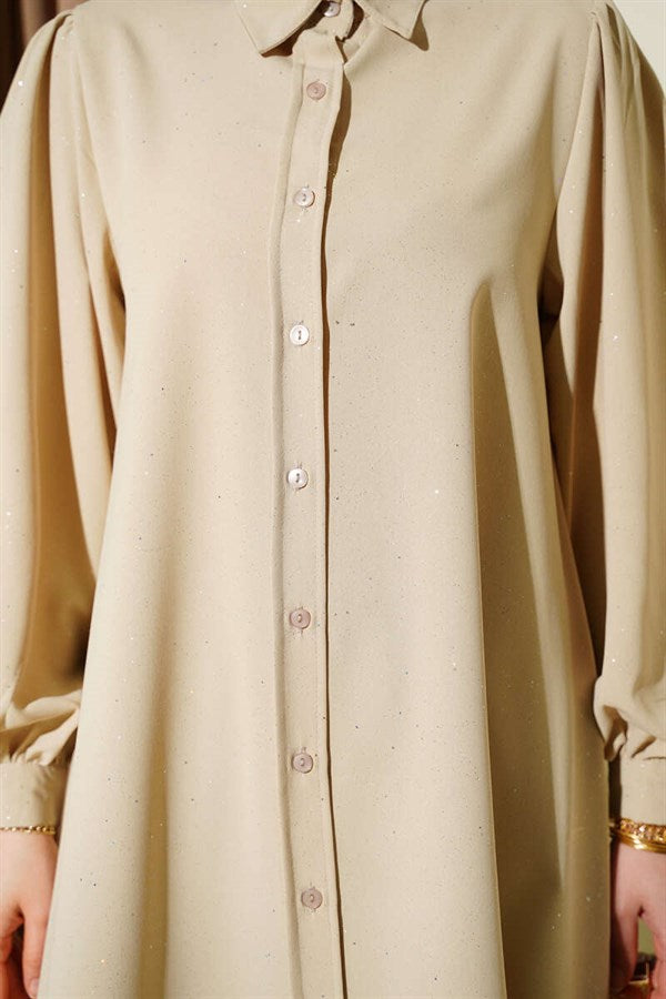 Glittery Balloon Sleeve Shirt Beige