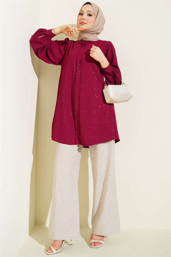 Glittery Balloon Sleeve Shirt Burgundy