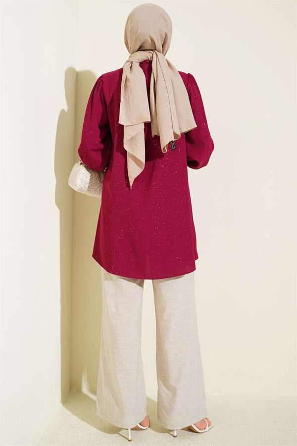Glittery Balloon Sleeve Shirt Burgundy