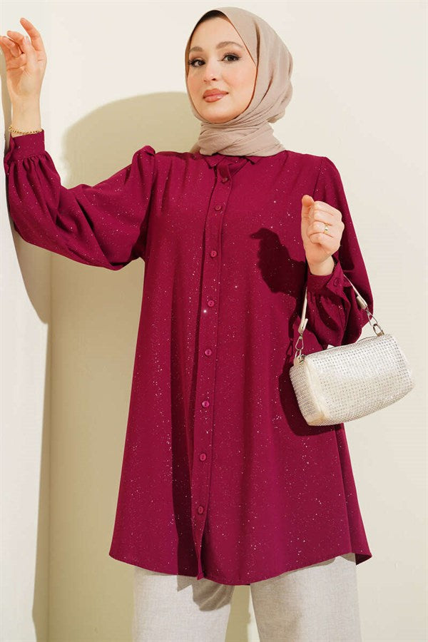 Glittery Balloon Sleeve Shirt Burgundy