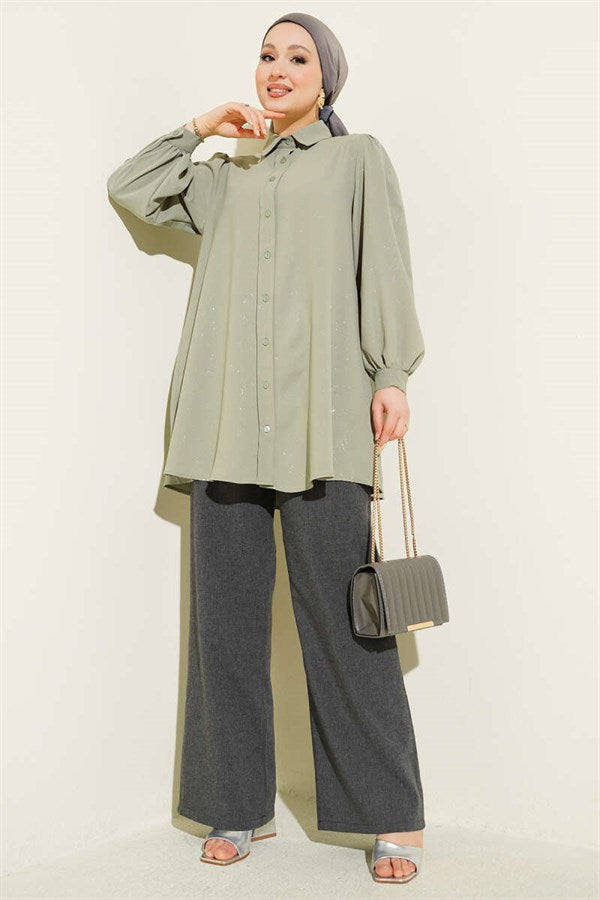 Glittery Balloon Sleeve Shirt in Sage Green