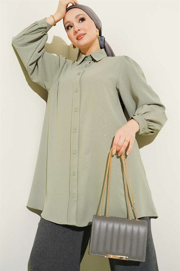 Glittery Balloon Sleeve Shirt in Sage Green