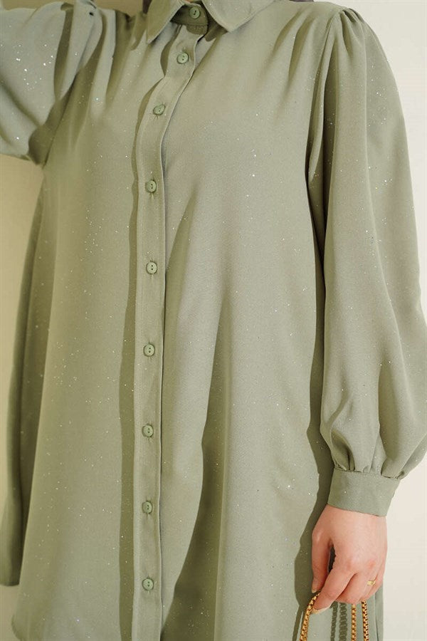 Glittery Balloon Sleeve Shirt in Sage Green
