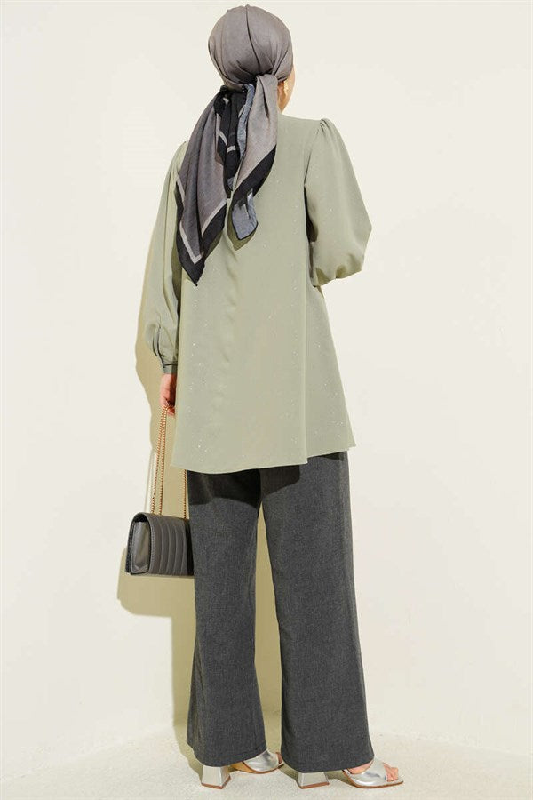 Glittery Balloon Sleeve Shirt in Sage Green