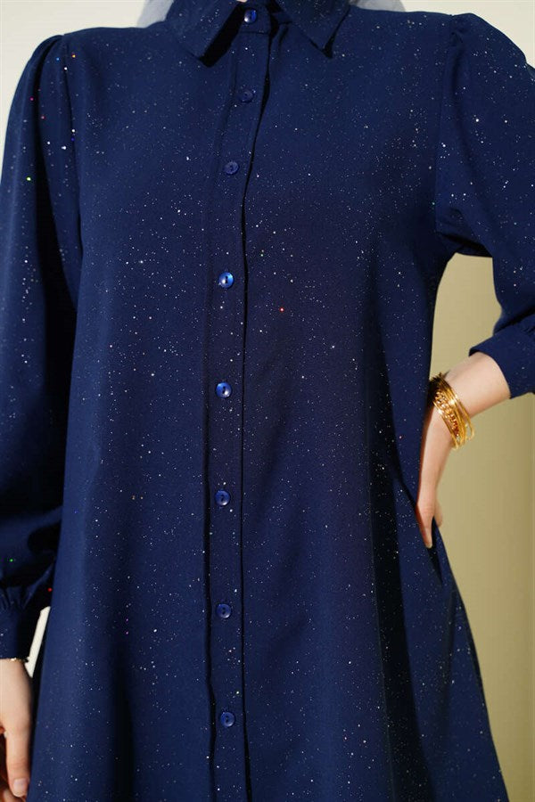 Glittery Balloon Sleeve Shirt Navy Blue