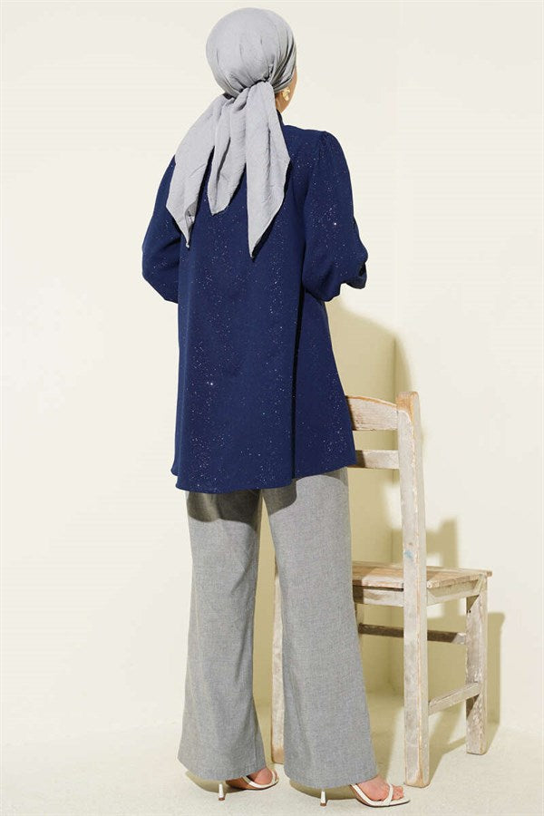 Glittery Balloon Sleeve Shirt Navy Blue